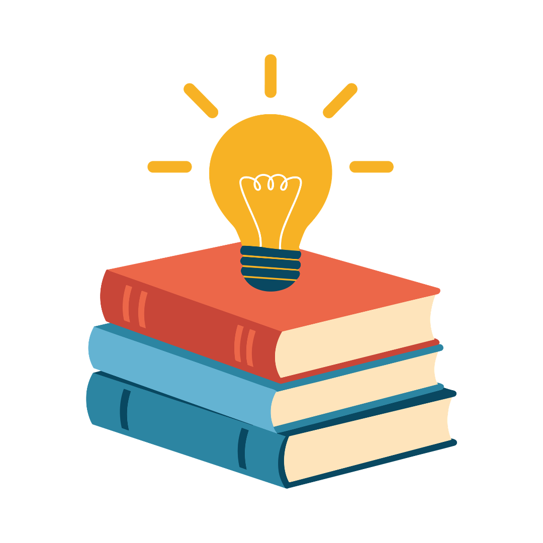 A flat vector illustration of a lightbulb glowing above a stack of three books, with a lightbulb symbol on a plain white background.
