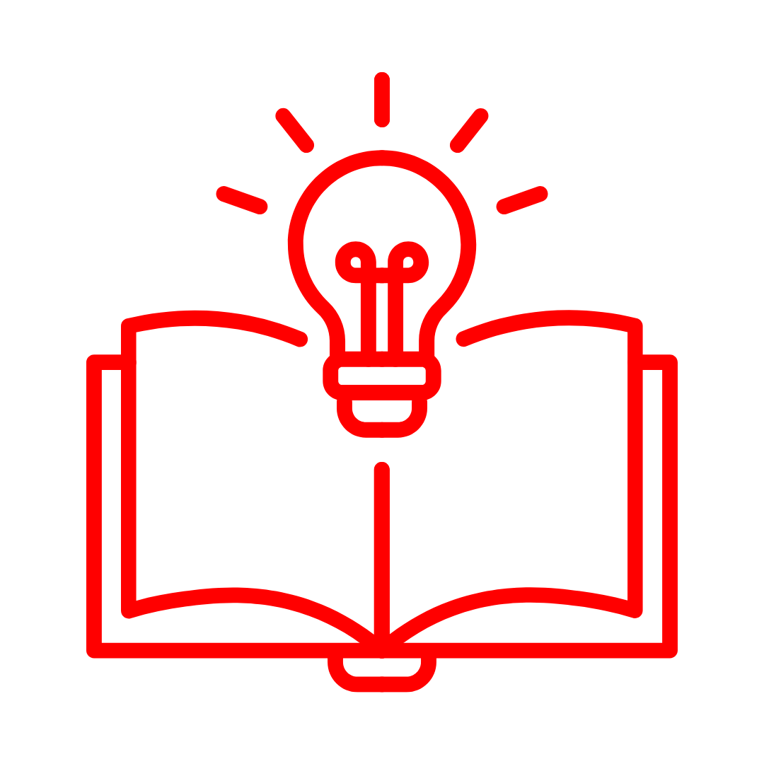 A minimalist red line icon of an open book with a lightbulb and rays above it, centered on a plain white background.